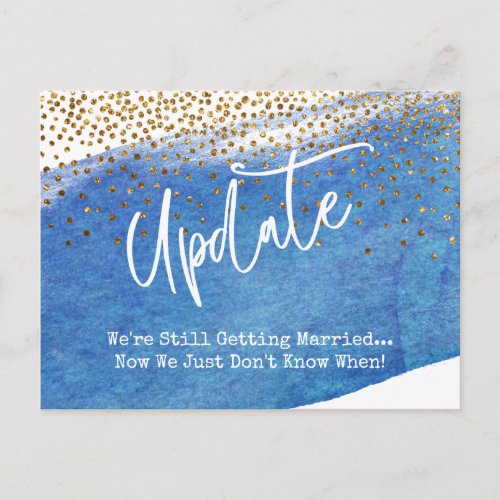 Confetti Blue Watercolor Postponed Wedding Update Postcard