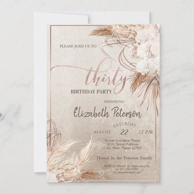 Confetti Boho Floral Pampas  30th Birthday Party Invitation (Front)