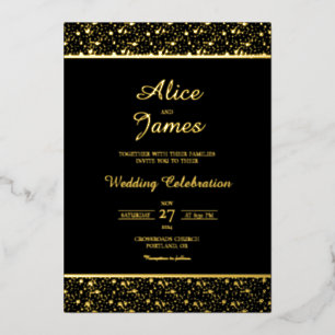 Confetti Border Black Gold Foil Wedding Invitation