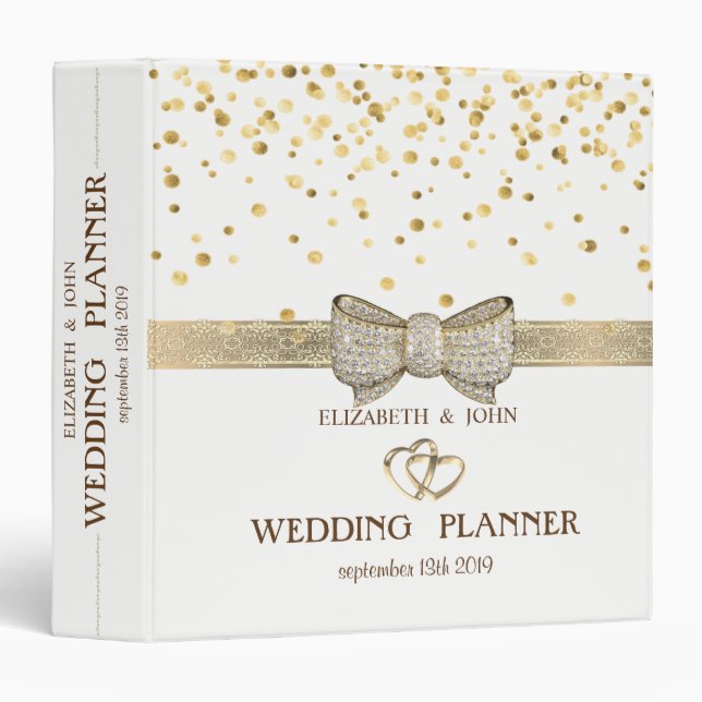 Confetti,Bow,Hearts  Personalized Bridal Planner 3 Ring Binder (Front/Spine)