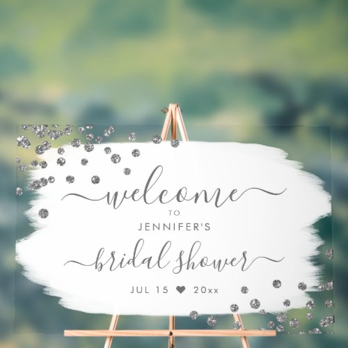 Confetti Bridal Shower Welcome Silver White  Acrylic Sign