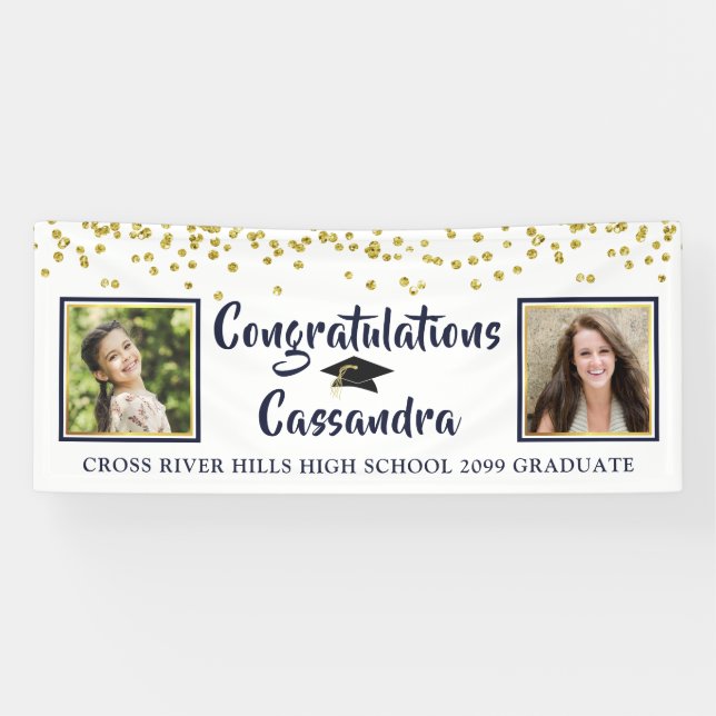 Confetti Brush Script Then & Now Photos Graduation Banner (Horizontal)