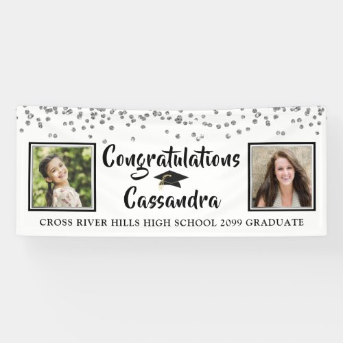 Confetti Brush Script Then  Now Photos Graduation Banner