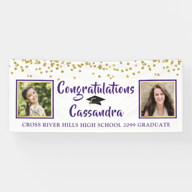 Confetti Brush Script Then & Now Photos Graduation Banner (Horizontal)