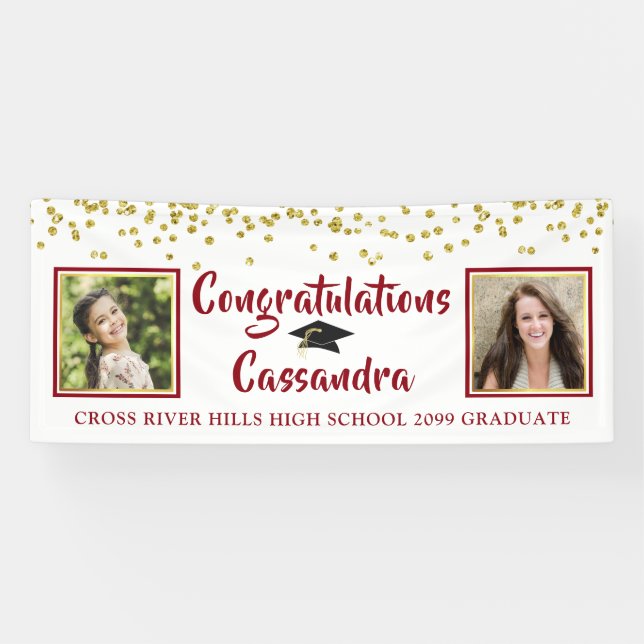 Confetti Brush Script Then & Now Photos Graduation Banner (Horizontal)