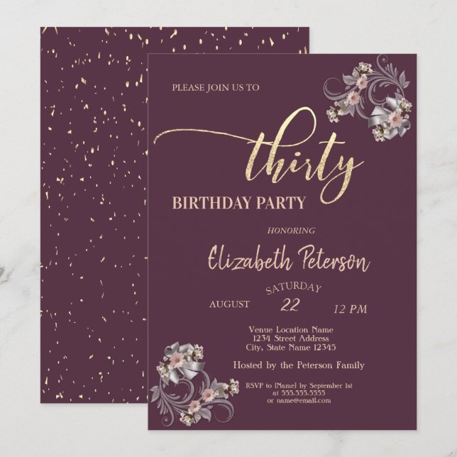 Confetti Burgundy Floral 30th Birthday Party  Invitation (Front/Back)