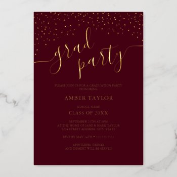 Confetti Burgundy Gold Photo Graduation Party Foil Invitation by LittleBayleigh at Zazzle