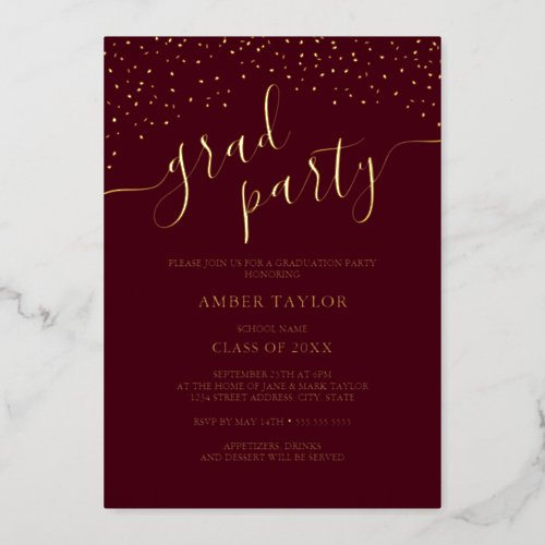 Confetti Burgundy Gold Photo Graduation Party Foil Invitation