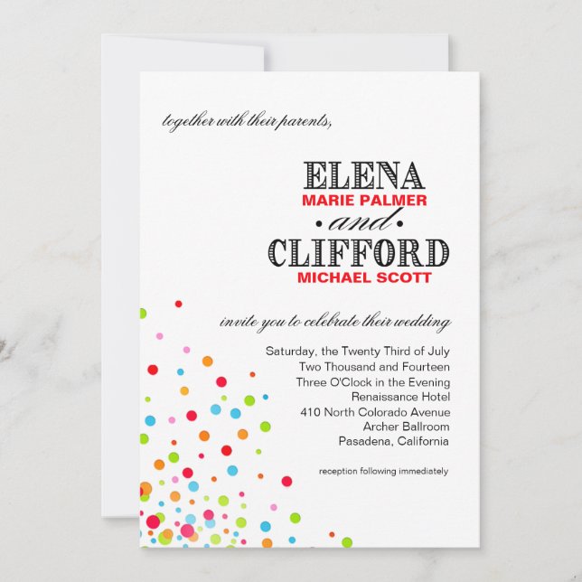 Confetti Celebration Wedding multicolor Invitation (Front)