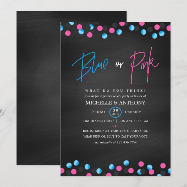 Confetti Chalkboard Blue or Pink Gender Reveal Invitation (Front/Back)