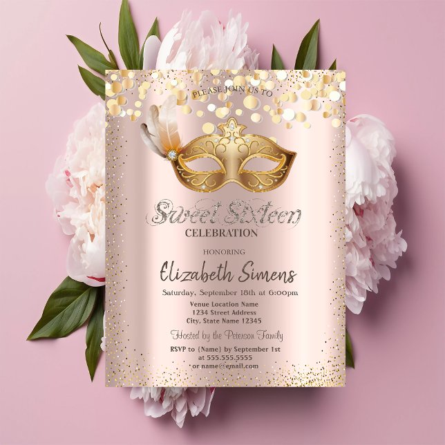  Confetti Chic Masque Rose Gold Sweet 16 Invitation (Creator Uploaded)