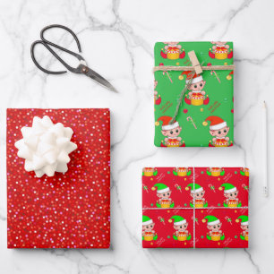Confetti, Christmas Elf, Candy Cane on Green & Red Wrapping Paper Sheets