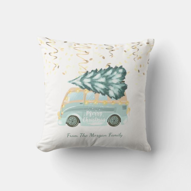 Confetti,Christmas Green Truck Pine Tree  Throw Pillow (Front)