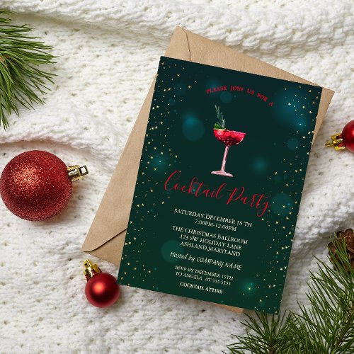  Confetti Cocktail Stars Green Christmas Party  Invitation