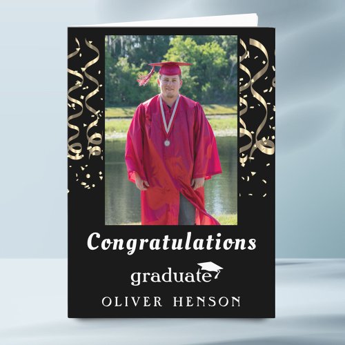 Confetti Congratulations Graduation Black Photo Card