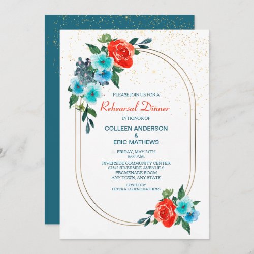 Confetti Coral and Aqua Floral Rehearsal Dinner Invitation