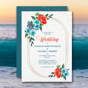 Confetti Coral and Aqua Floral Wedding Invitation