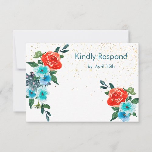 Confetti Coral and Aqua Floral Wedding RSVP Card