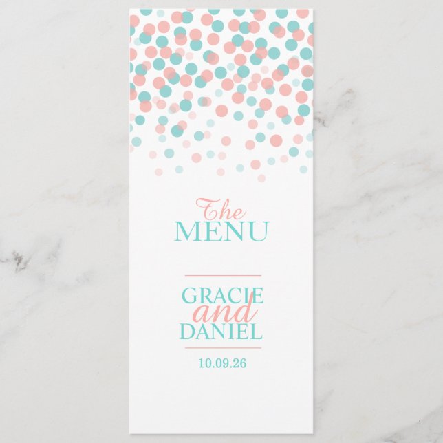 Confetti coral orange teal green wedding menu (Front)