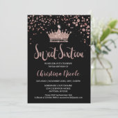 Confetti Crown Rose Gold Black Glam Sweet 16 Invitation (Standing Front)