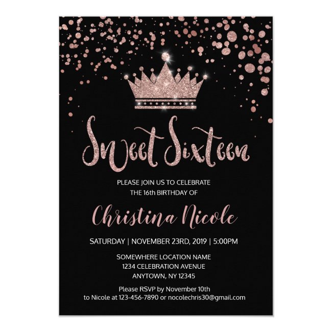 Confetti Crown Rose Gold Black Glam Sweet 16 Invitation