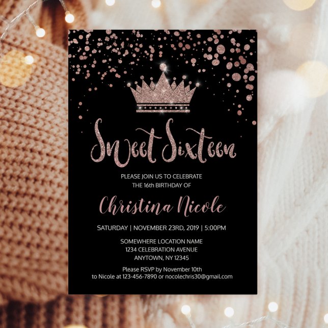 Confetti Crown Rose Gold Black Glam Sweet 16 Invitation