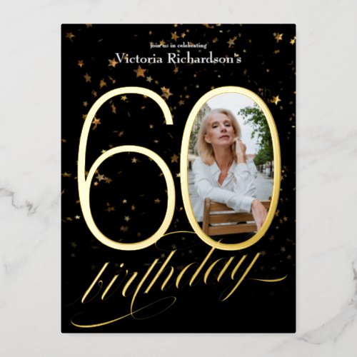 Confetti Custom Photo Gold Black 60th Birthday Foil Invitation Postcard