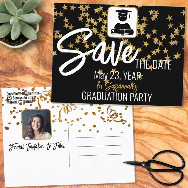 Confetti Custom Photo Graduation Save the Date Announcement Postcard (Creator Uploaded)