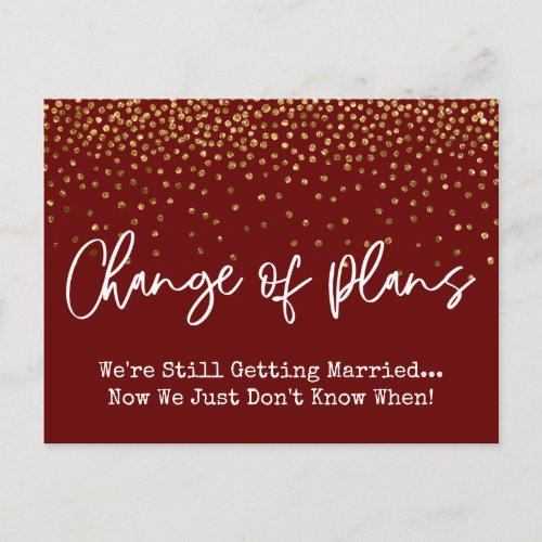 Confetti Dark Red Change of Plan Postponed Wedding Postcard