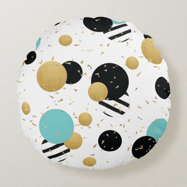 Confetti Dot Party Black Teal and Gold Circular Round Pillow (Front)