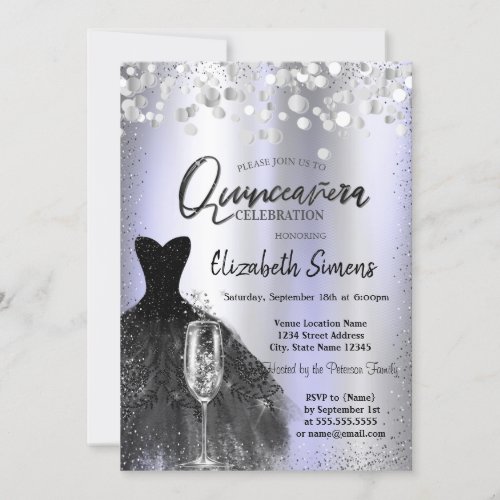 Confetti DotsBlack Dress Glass Violet Quinceaera Invitation