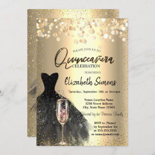Confetti Dots,Black Dress Wine Glass Quinceañera Invitation