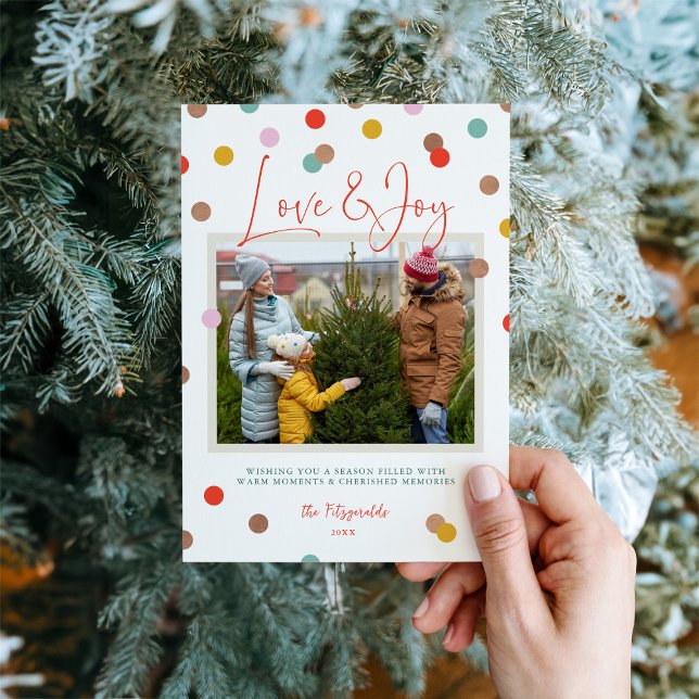 Confetti Dots Love and Joy 2 Photo Holiday Card (Creator Uploaded)