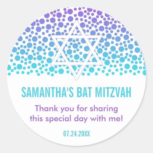 Confetti Dots Purple Teal Bat Mitzvah Favor Classic Round Sticker (Front)