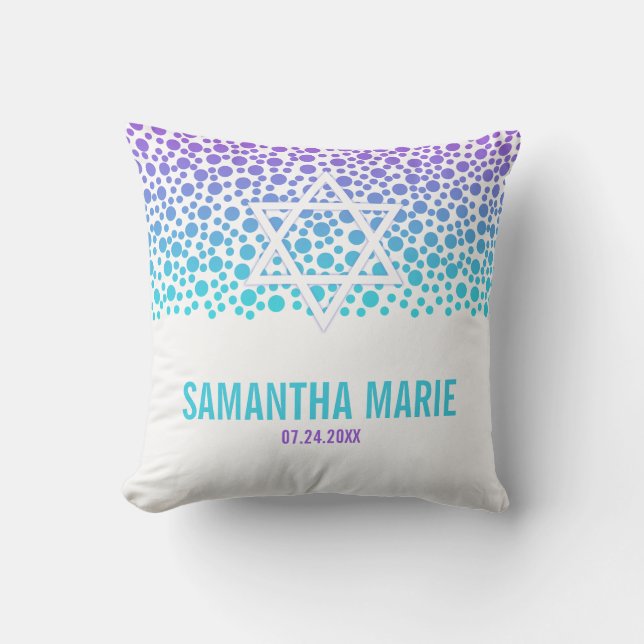 Confetti Dots Purple Teal Bat Mitzvah Throw Pillow (Front)