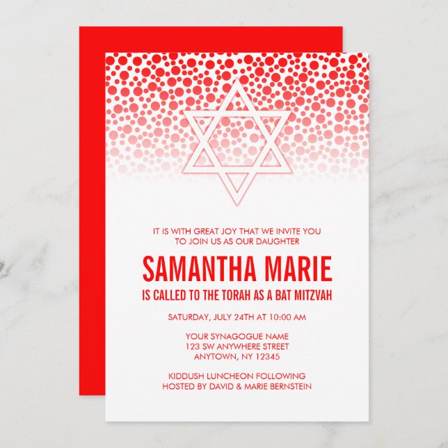 Confetti Dots Red Bat Mitzvah Invitations (Front/Back)