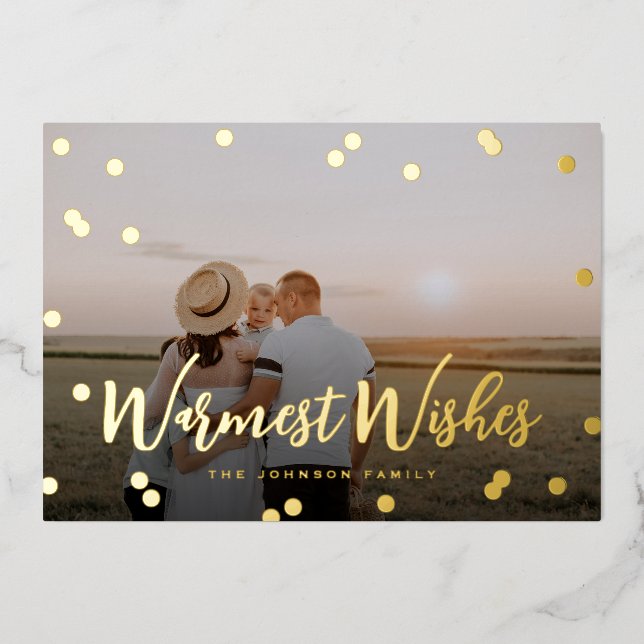Confetti Dots Script Full Photo Foil Holiday Card (Front)