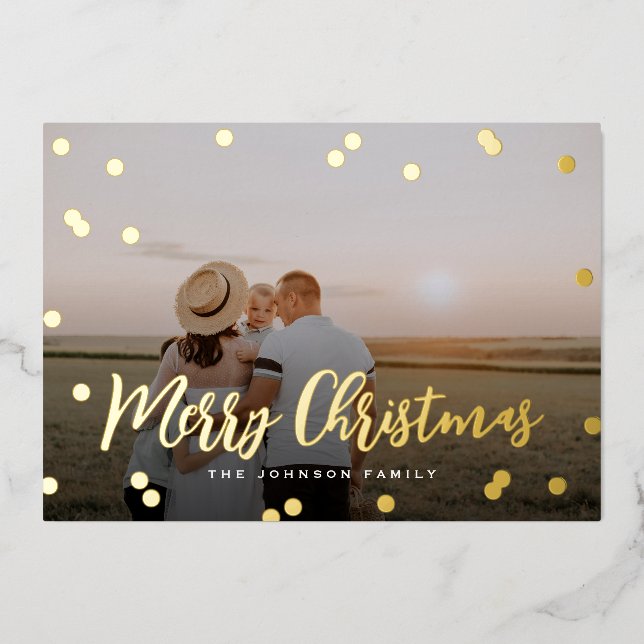 Confetti Dots Script Full Photo Foil Holiday Card (Front)