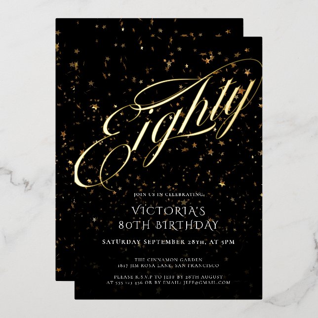 Confetti Eighty Black Gold Elegant 80th Birthday  Foil Invitation (Front/Back)