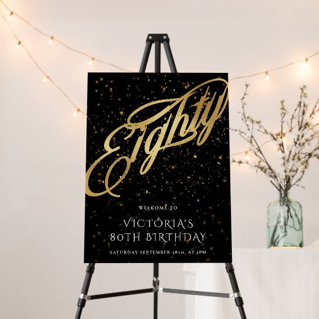 Confetti Eighty Gold Black Calligraphy Welcome Foam Board (In Situ (Stand))