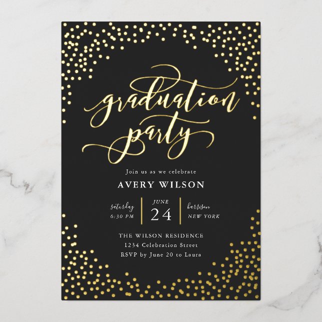 Confetti Elegant Script Graduation Party Foil Invi Foil Invitation (Front)