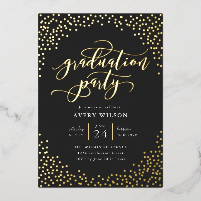 Confetti Elegant Script Graduation Party Foil Invi Invitation (Front)