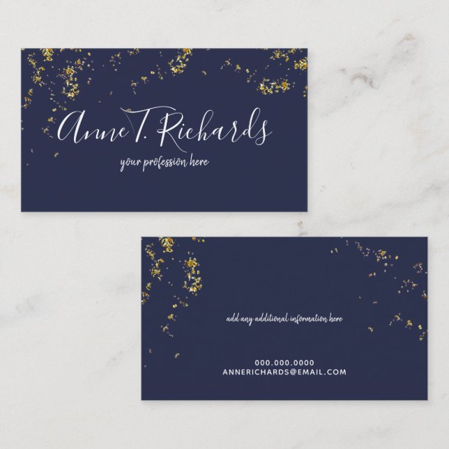 confetti (faux gold dots) handwritten name blue business card (Front/Back)