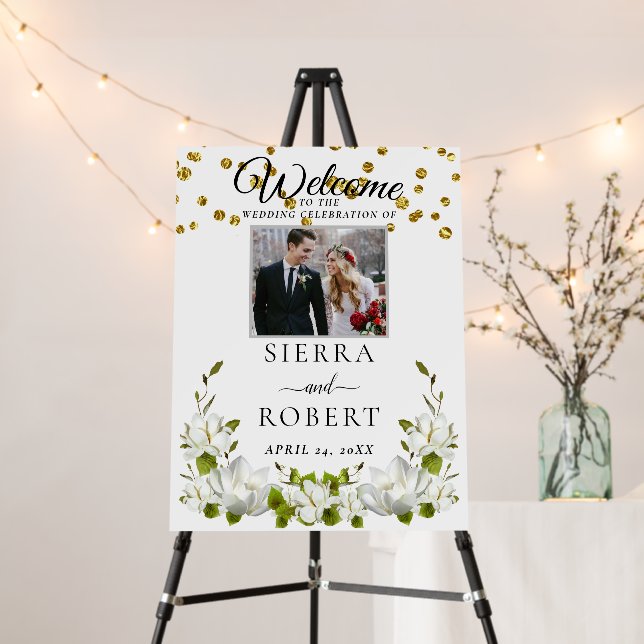 Confetti Floral Wedding Custom Photo Welcome Sign (In Situ (Stand))