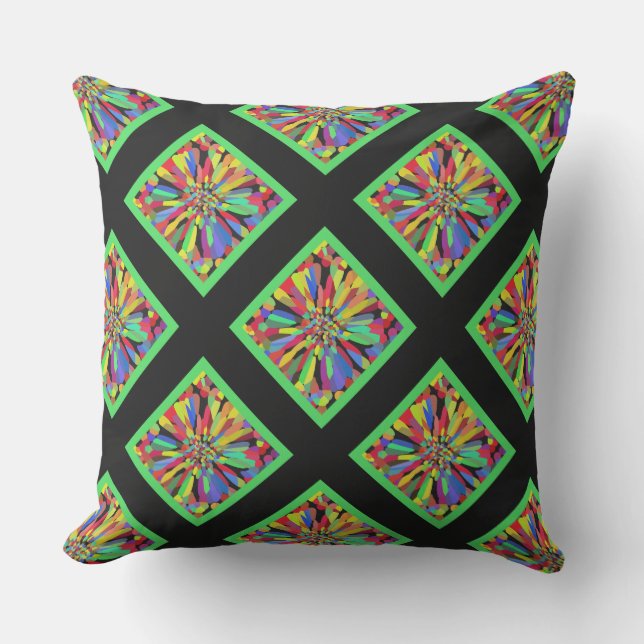Confetti Flower in black & lime green plaid Outdoor Pillow (Front)
