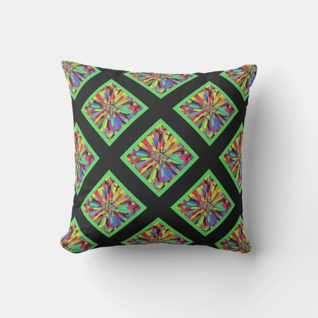 Confetti Flower in black & lime green plaid Throw Pillow (Front)