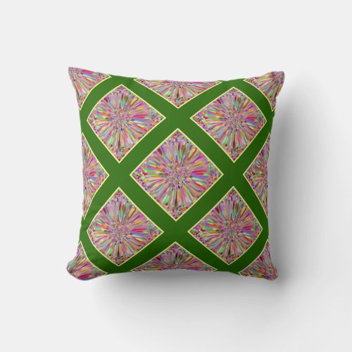 Confetti Flower Summer in Green  Yellow Plaid Throw Pillow