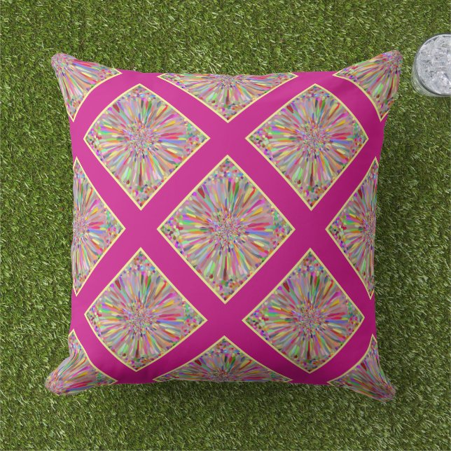 Confetti Flower Summer Pink & Yellow Quilt Plaid Throw Pillow (Grass)