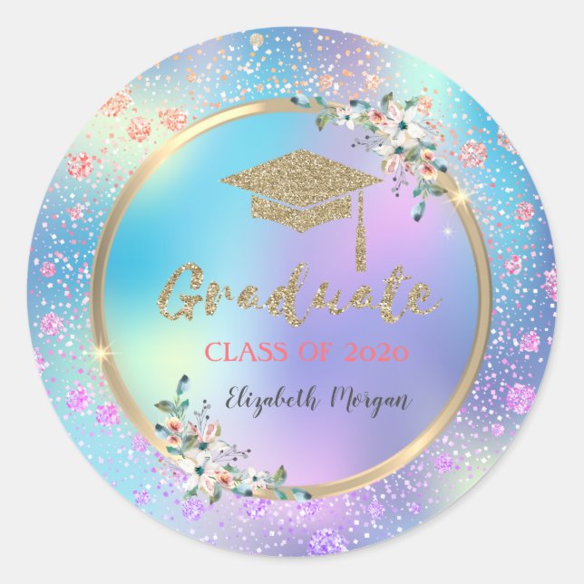 Confetti,Flowers,Holographic,Glitter Grad Cap Classic Round Sticker (Front)