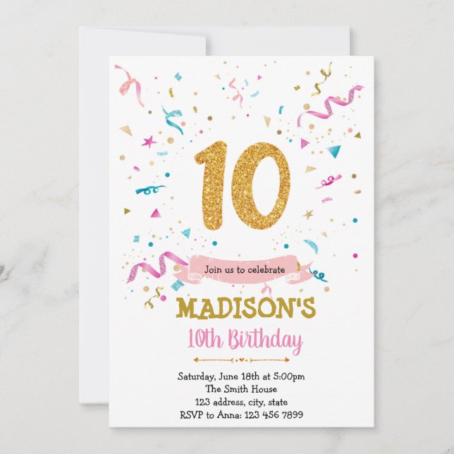 Confetti glitter 10th birthday invitation (Front)